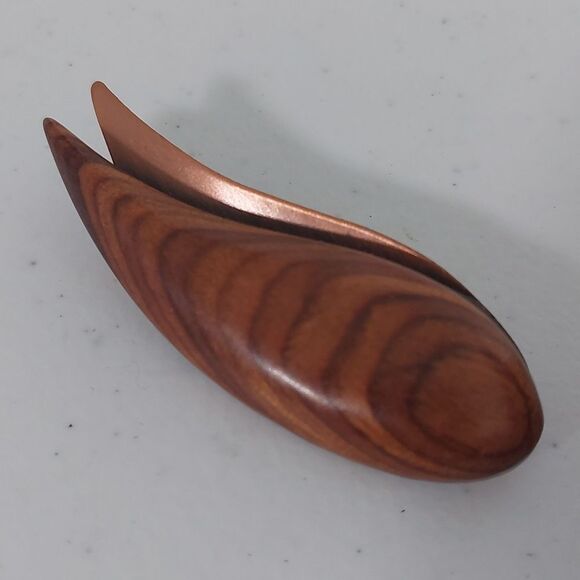 Vintage Sleek Modernist Copper and Polished Wood Paisley Shaped Brooch Pin - Picture 3 of 6